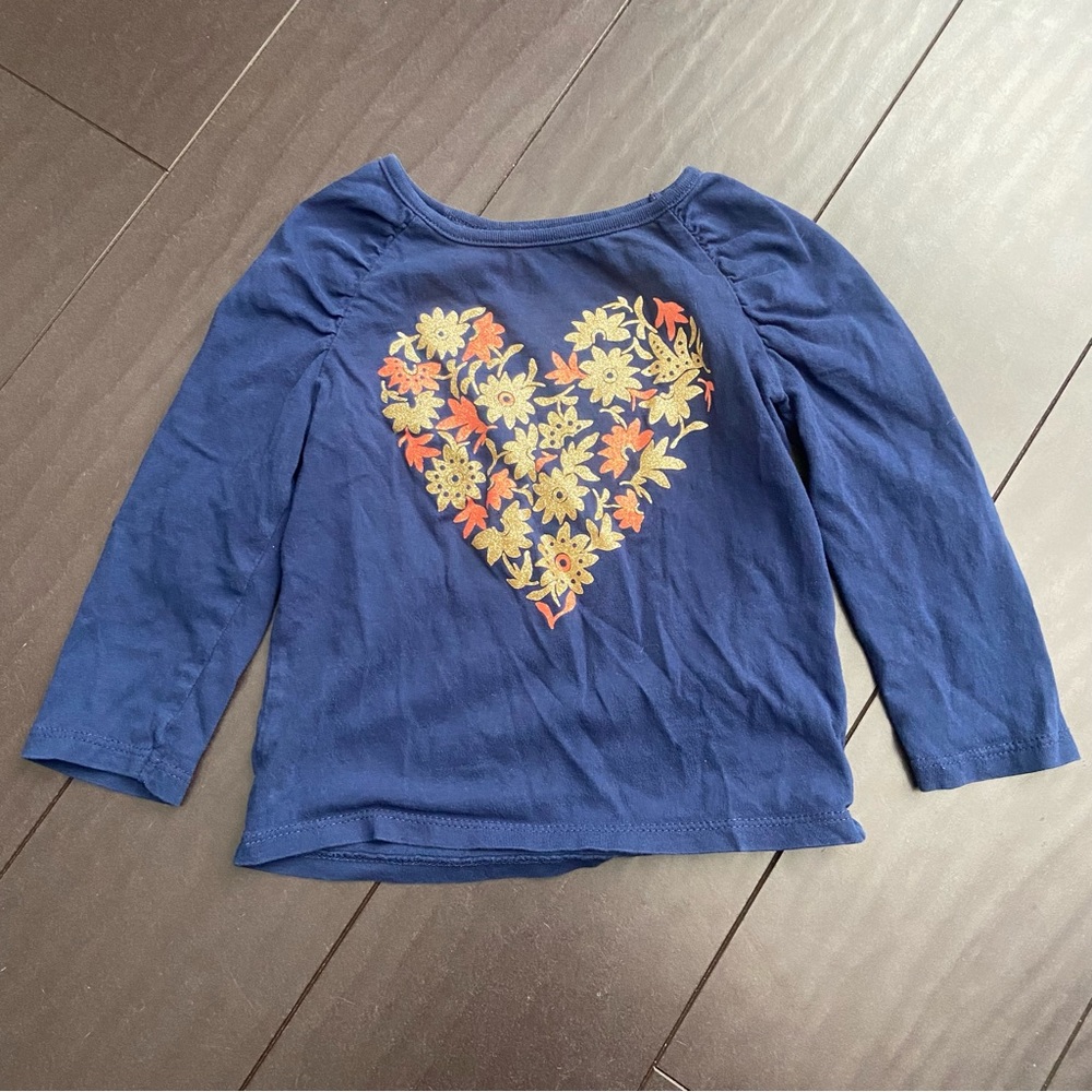 Crazy 8 long sleeve navy t-shirt with gold glitter flower heart size 18-24M EUC